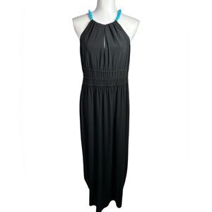 Ralph Lauren Black Jersey Knit Maxi Dress with Blue Turquoise Gem Accents Size 6